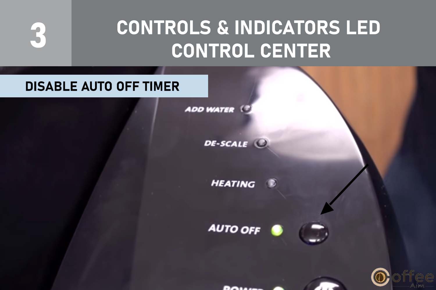 The depicted image illustrates the procedure to "Disable the Auto-Off Timer" under the section titled "CONTROLS & INDICATORS LED Control Center" within the comprehensive guide on effectively utilizing the Keurig B-40.
