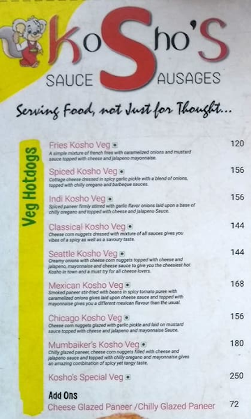 Kosho's Hotdogs menu 