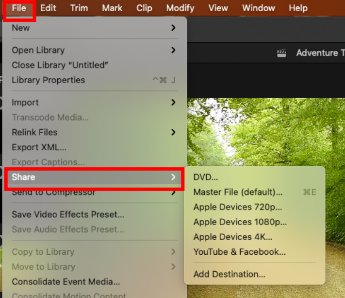 Screenshot of fcp sharing options