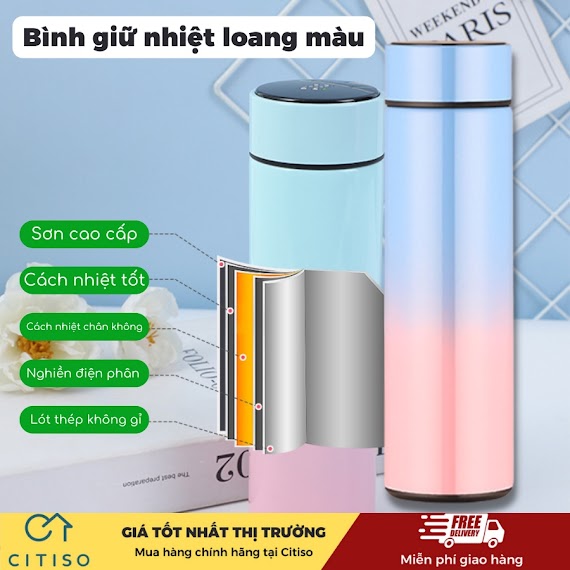 [Thanh Lý] Bình Giữ Nhiệt, Bình Đựng Nước Nóng Lạnh Loang Màu Inox Cao Cấp