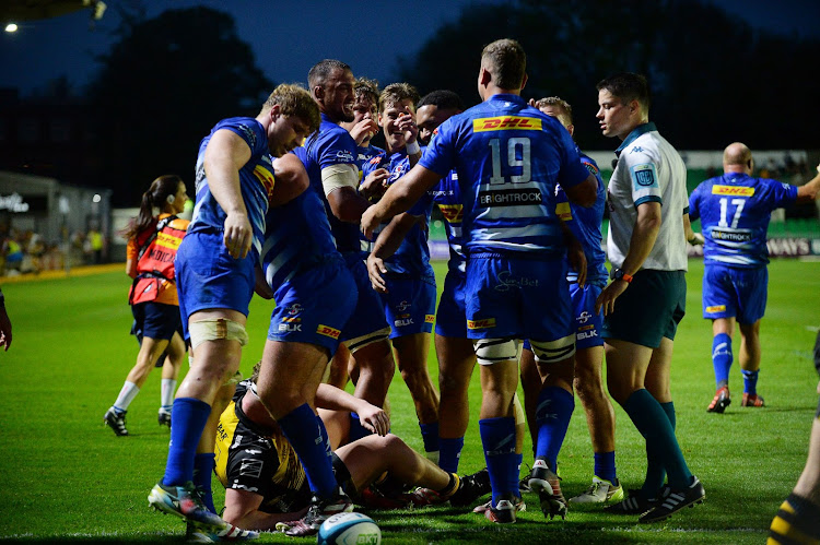 The Stormers celebrate scoring a try during their United Rugby Championship match against the Dragons at Rodney Parade on Friday.