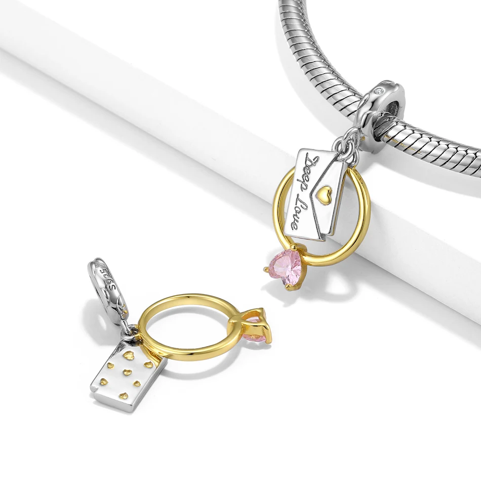 Pendentif Anneau & Enveloppe S925 Argent Sterling Plaqué Or Collier Bracelet DIY. Accessoire idéal pour créer des bijoux uniques.