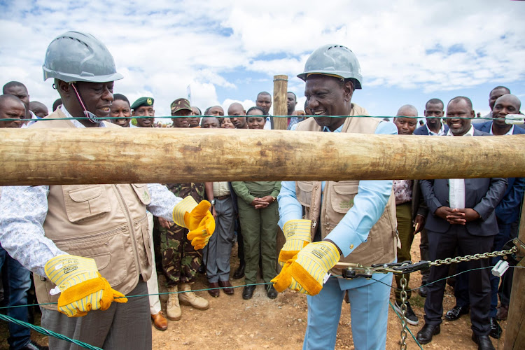 President William Ruto and Deputy President Rigathi Gachagua preside over the commissioning of Lariak Forest Wildlife Electric Fence, Laikipia County on April 12, 2023.