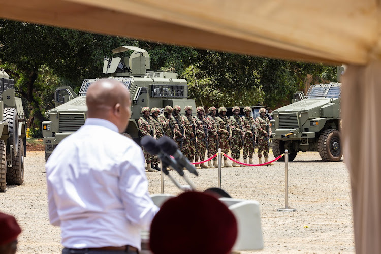 Security officer parade as Interior Cabinet Secretary Kithure Kindiki speaks during the launch of the new modern security equipment at GSU Headquarters, Ruaraka on March 20, 2024