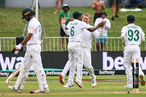 Proteas spinner Simon Harmer celebrates after bowling out Shadman Islam of Bangladesh day 2 of the 1st Test at Kingsmead Stadium on April 01, 2022 in Durban.