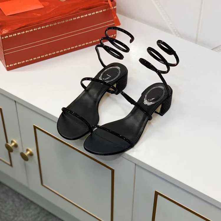 Sandalias de tacón alto de verano para mujer con pedrería y tacón grueso, estilo Fairy Wind Snake Wrap, ideales para lucir elegante.