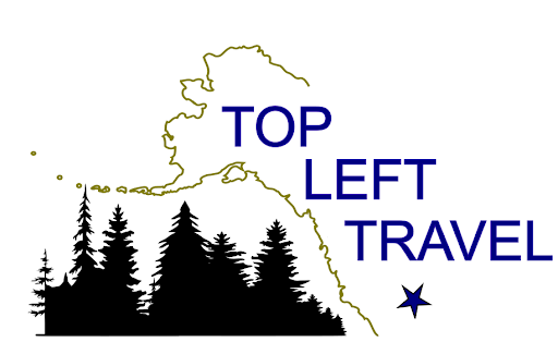 A logo with an outline of the state of Alaska, evergreen trees and says Top Left Travel