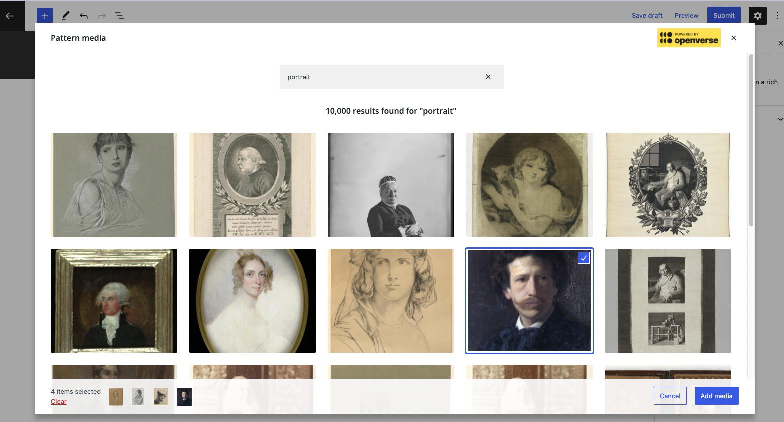 The Openverse Pattern media modal with a variety of images to choose from.