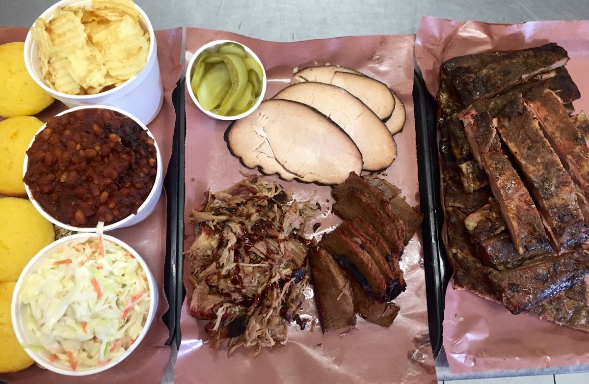 Family Combo #3 feeds 4-6 people easily. Everything shown here is GlutenFree except the cornbread which can be substituted for the delicious garlic mashed potatoes!