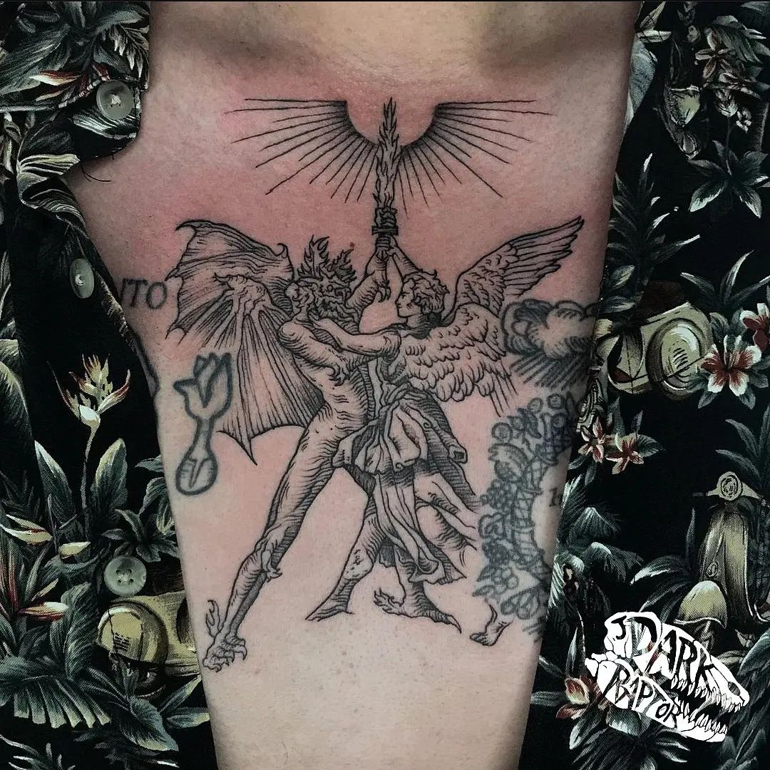 Angel Devil Fight Tattoo On Chest