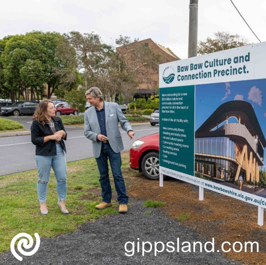 Labor candidate for Monash Jessica ODonnell and Mayor Michael Leaney discuss the Baw Baw Culture and Connection precinct at the proposed site in Civic Park, Warragul