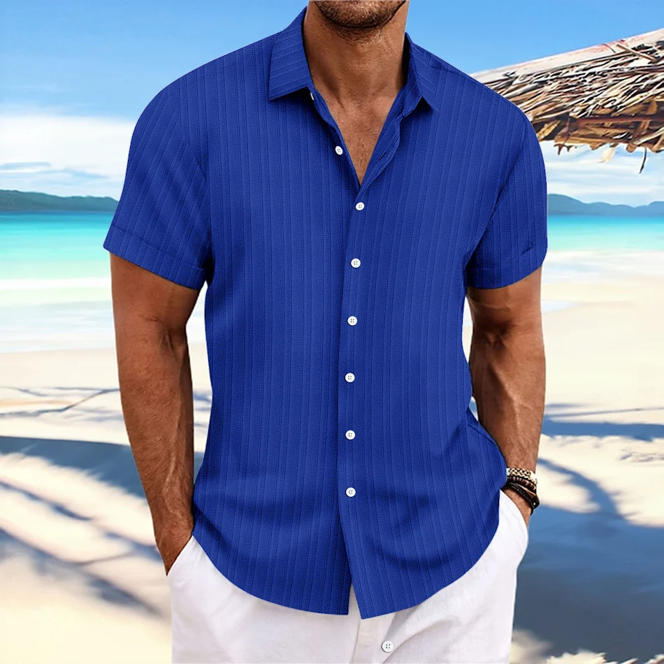 Camisa Casual Hombre de Algodón y Lino a Rayas Jacquard Holgada Manga Corta, Fresca y Cómoda para Verano