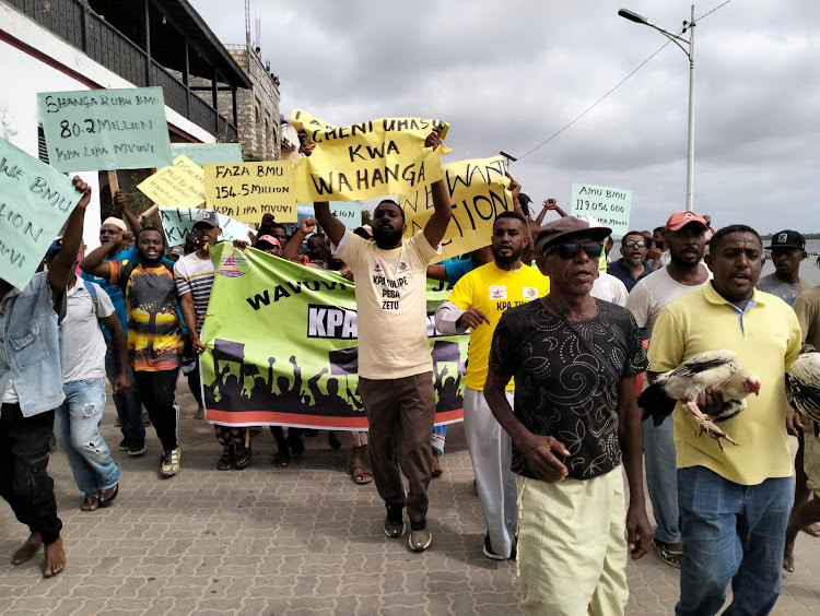 Lamu Port affected fishermen demonstrating against delayed Sh1.76 billion compensation package.