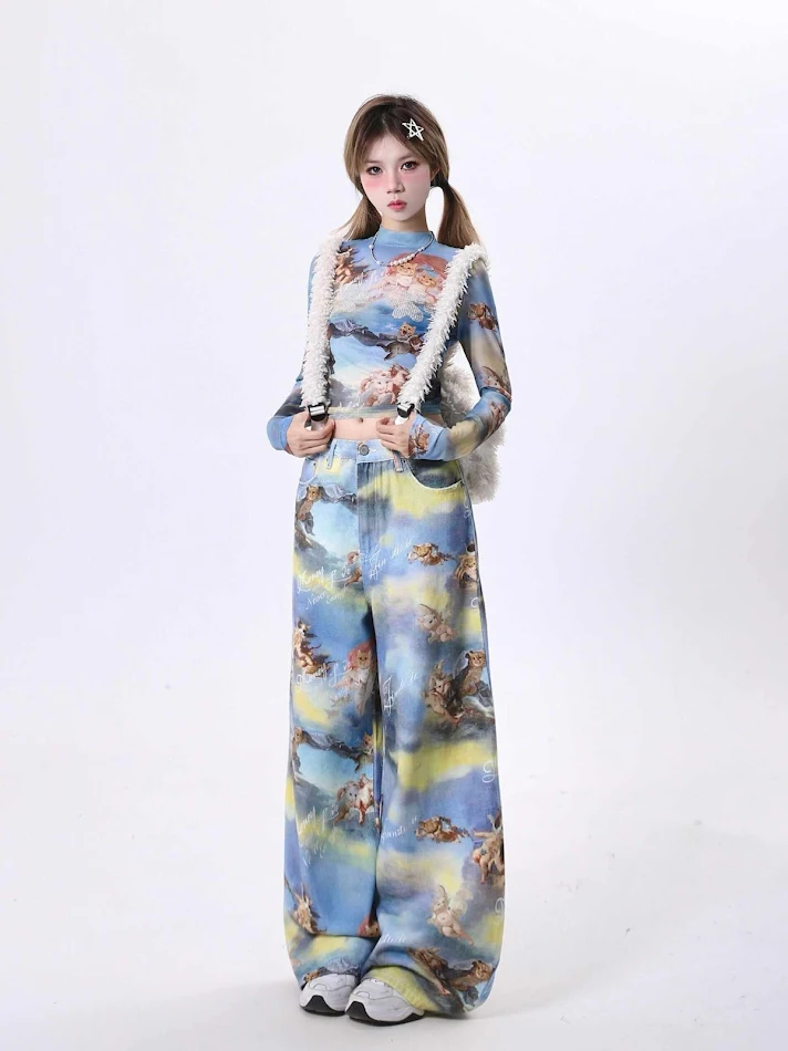 Pantalones anchos de pintura al óleo de gatito ángel casual para mujer, cómodos y con un diseño único, ideales para un look relajado y moderno.