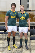 (L-R) Captain Eben Etzebeth and Daniel du Preez pose after the South African national mens rugby team photograph at Mercure Paris Boulogne on November 17, 2017 in Paris, France.