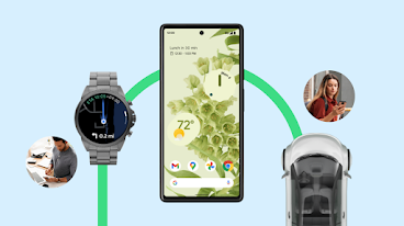 An Android phone, with a wide variety of other Android and Google devices forming a ring around it. Floating bubbles show people using the various devices.