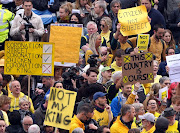 Protesters in Trafalgar Square ahead of the coronation ceremony of King Charles III and Queen Camilla at Westminster Abbey, London.