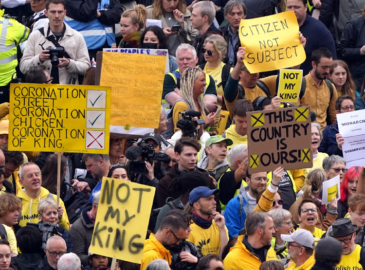 Protesters in Trafalgar Square ahead of the coronation ceremony of King Charles III and Queen Camilla at Westminster Abbey, London.