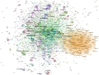 Visualización de las interacciones en Twitter a partir de los hashtags vinculados con La PAH durante el mes de febrero de 2013. Autor: Alberto Lumbreras y Datanalysis15M.