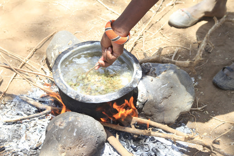 Hungry pokot women cook wild-fruits ‘Soruch’ at Kamusuk in Tiaty, Baringo County on Saturday.