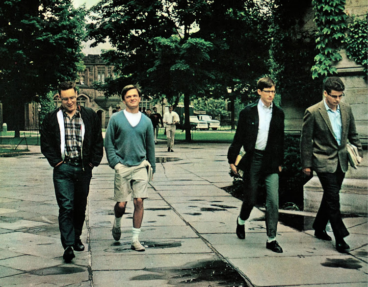 The caption for this Take Ivy photograph reads: “To classrooms. Each of these four Ivy Leaguers is dressed according to his own style. Together they represent what we hoped to find on our fact-finding trip: the epitome of daily dress for Ivy Leaguers.”