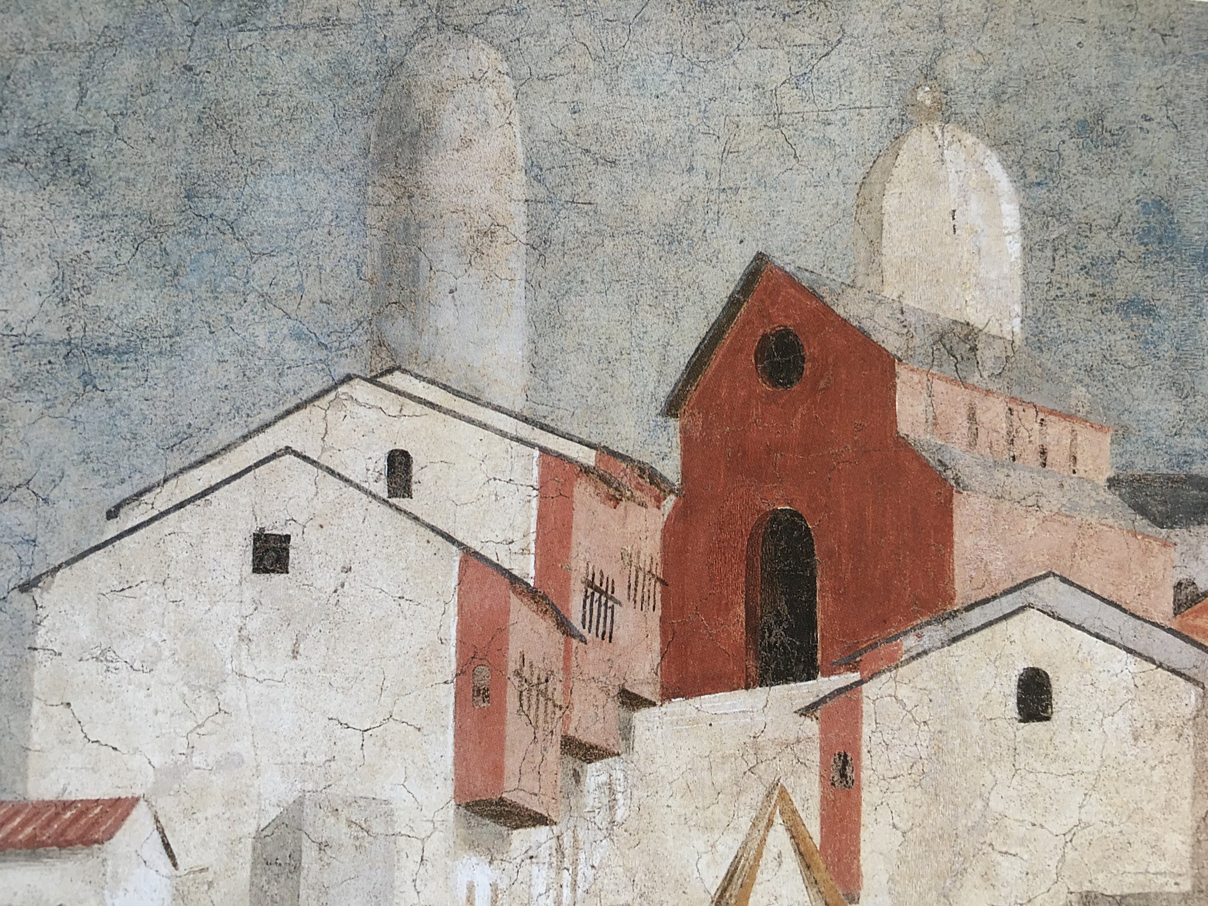 Piero della Francesca, Le Storie della Vera Croce, Verifica e Adorazione della Croce (dettagli delle due torri con cupole di tipo orientale), 
Basilica di San Francesco, Arezzo