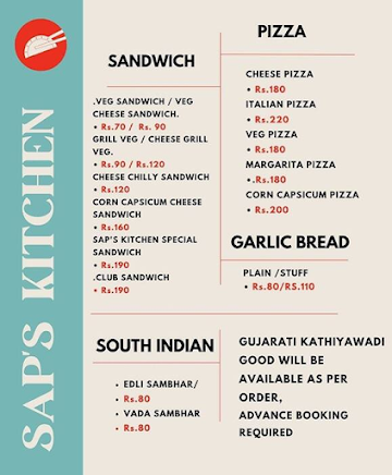 Sap's Kitchen menu 