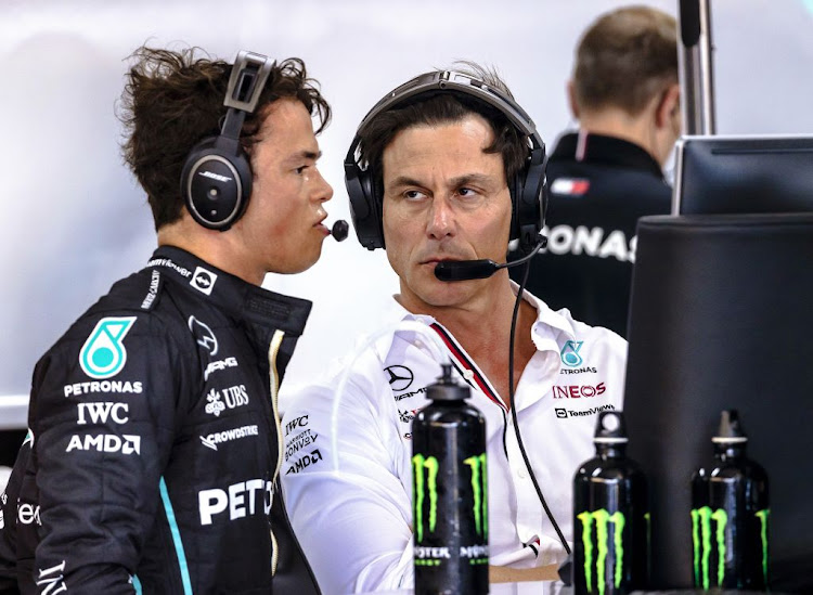 Nyck de Vries talks to team principal Toto Wolff after the first practice session leading up to the F1 Grand Prix of France at Circuit Paul Ricard on July 21, 2022.