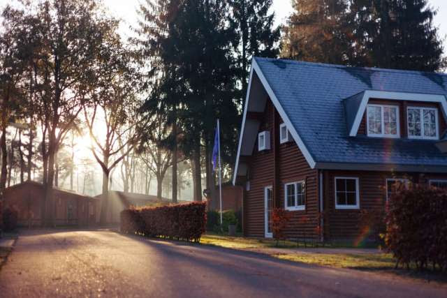 Brown and Gray House Surrounded by Green Leaf Trees Under Yellow Sky