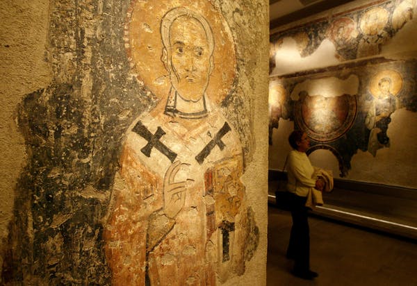 An 11th-century wall painting depicting St. Nicholas at the Byzantine and Christian Museum of Athens.