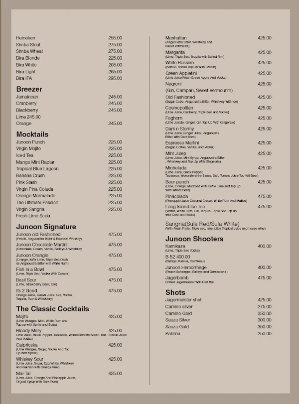 Junoon Bar & Kitchen menu 