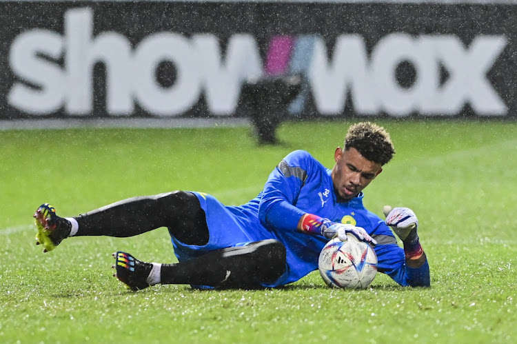 Ronwen Williams of Mamelodi Sundowns during the DStv Premiership match between Richards Bay and Mamelodi Sundowns at King Zwelithini Stadium on January 06, 2023 in Durban, South Africa.