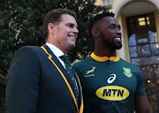 Siya Kolisi, the first non white, captain of the South Africa Springboks poses with head coach Rassie Erasmus during the South Africa media session held at the Pivot Hotel on June 8, 2018 in Montecasino, South Africa. 