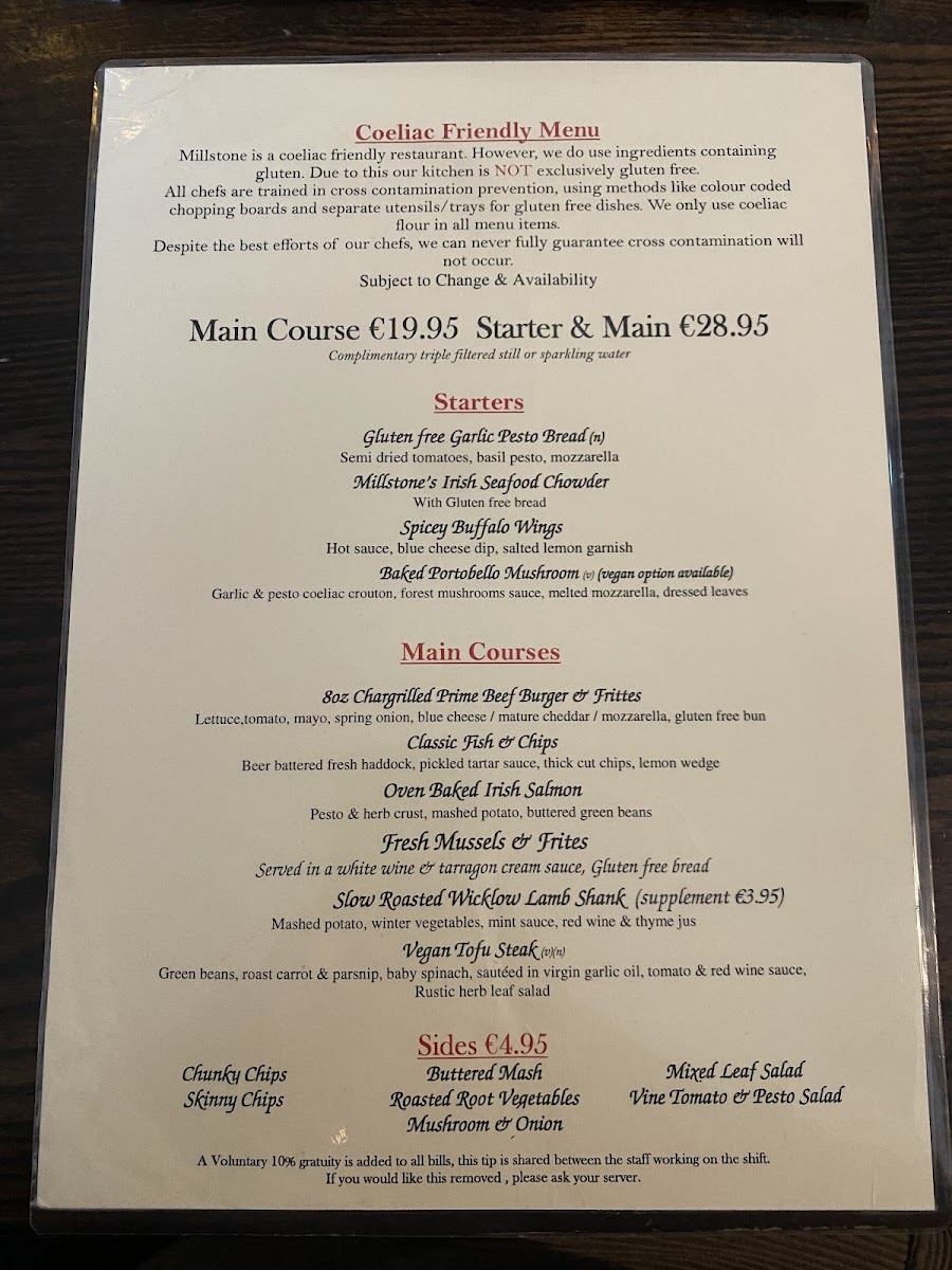 Millstone Restaurant gluten-free menu