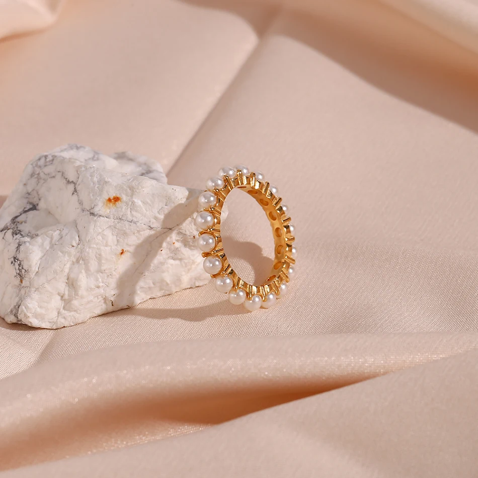 Ornement Bague Luxe Acier Inoxydable Plaqué Or 18K Élégant Rond Imitation Bijou Décoration Cadeau