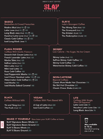 Slay Coffee menu 