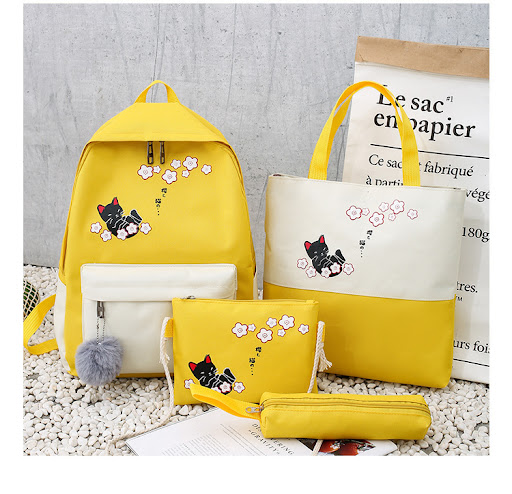 Title 5, Fashionable Simple Cute Cat Schoolbag Four-piec...