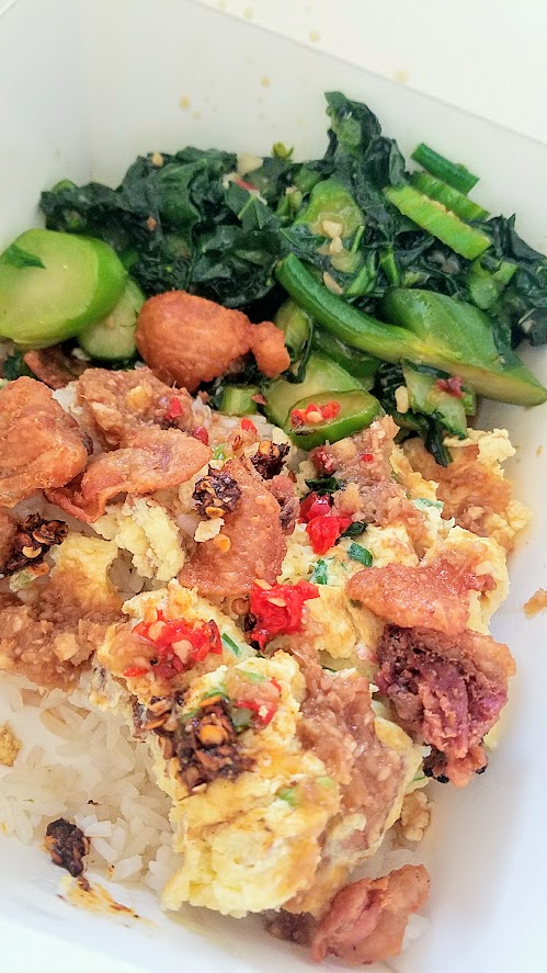 Hey Breakfast Club Popup in PDX, pop up at Nong's Khao Man Gai with Buna MX Coffee. Nong Poonsukwattana dished up an egg dish they normally serve for staff meal, stir fried with chicken fat, served with rice and her famous sauces, plus a bag of fried chicken skins and Gailan