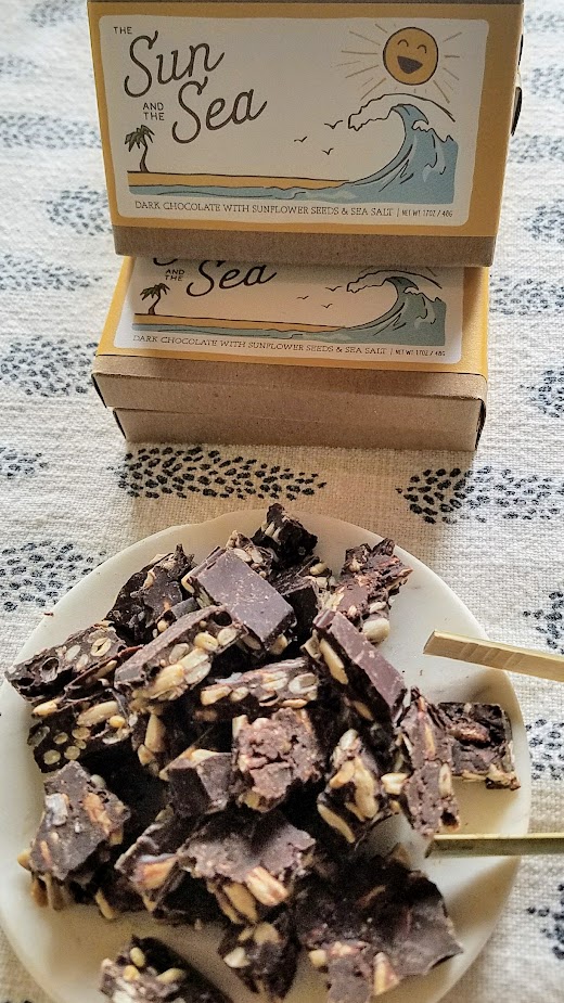 Only Child Chocolate Co., a local to Portland made chocolate business owned by Yana Yakhnes - The Sun and the Sea bar, a dark chocolate with with sunflower seeds and sea salt