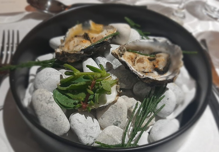 One of chef Ransley Pietersen’s oysters was entirely made of plants and included spekboom. Picture: NIKITA VAN DER MERWE