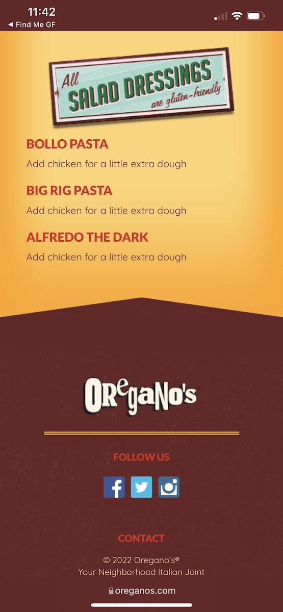 Oregano's gluten-free menu