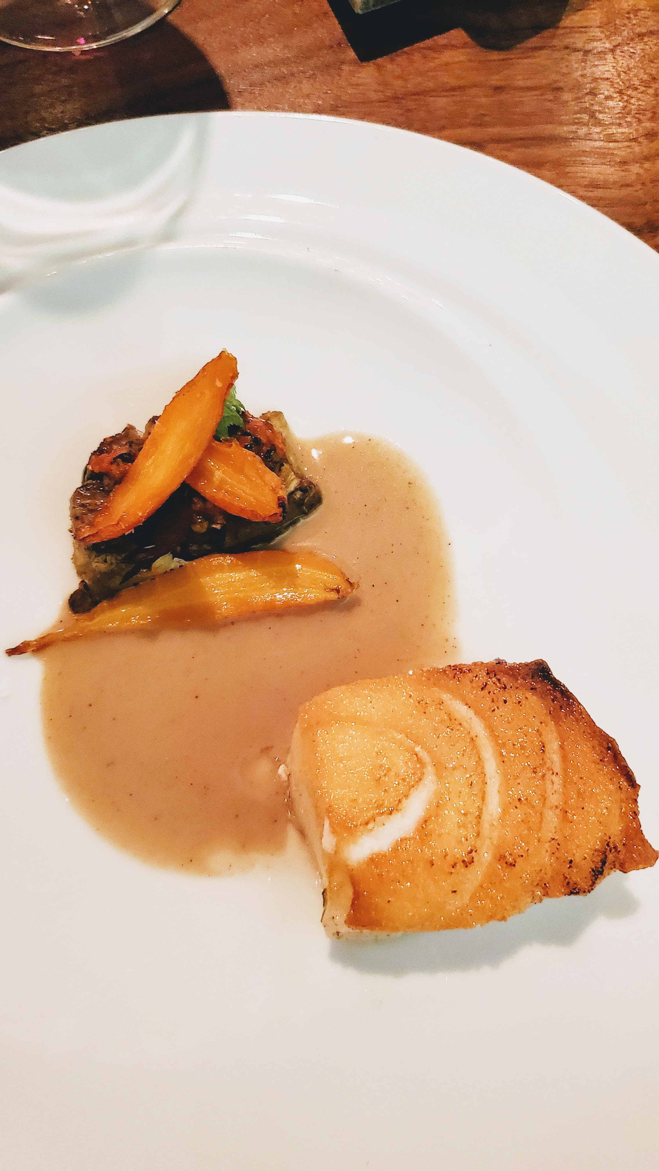 Chef's Menu at Roe PDX, Skilfish  with eggplant, carrot, basque chili confit, brown butter veloute