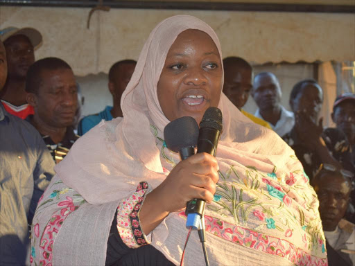 Kwale woman representative Zuleikha Juma addresses locals at Mwereni Secondary school.