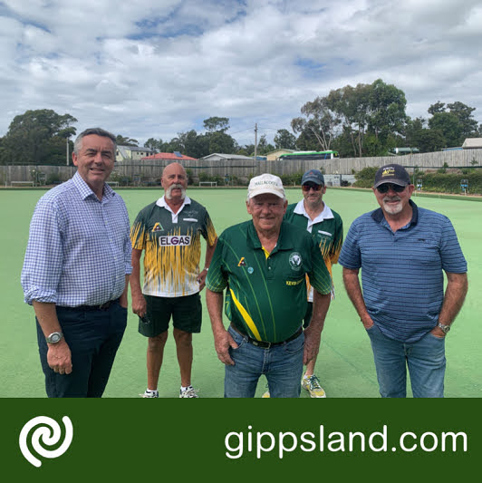 Federal Member for Gippsland Darren Chester pictured with Mallacoota Bowls Club members (L-R) Graeme Cowen, Kevin Chase, Damien Guthrie and Don Maxwell, said the new green would replace the synthetic green damaged during the Black Summer bushfires