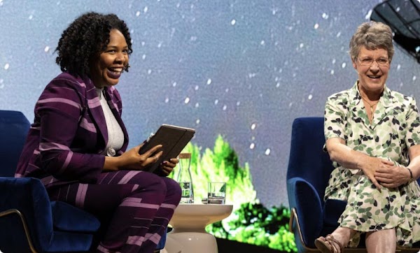 A photo of Jedidah Isler and Jocelyn Bell Burner onstage at an event