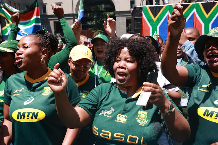 Fans welcoming Springboks team during their World Cup Trophy Tour at FNB at Bank City in Johannesburg CBD.