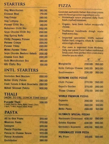 Govinda's menu 