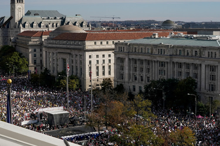 Demonstrators rally in support of Palestinians amid the ongoing conflict between Israel and Hamas, at Freedom Plaza in Washington, US, November 4, 2023.