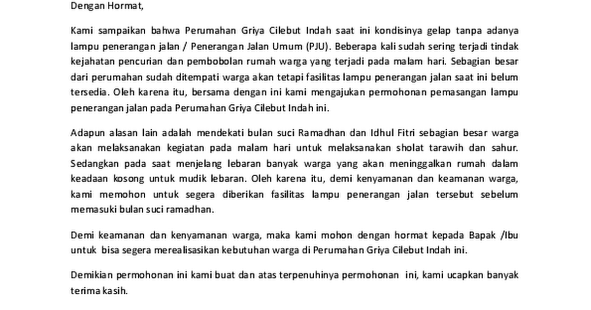 Surat Rasmi Permohonan Lampu Jalan - FRasmi