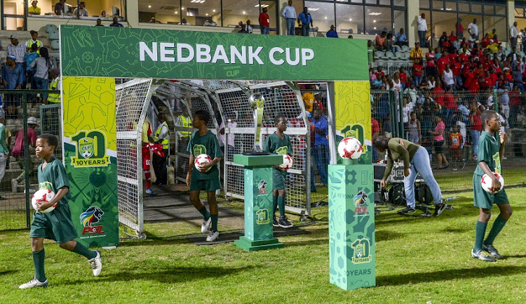 Nedbank branding and trophy during the Nedbank Cup Last 16 match between Kwadukuza United FC and Supersport United at Sugar Ray Xulu Stadium on April 04, 2017 in Durban, South Africa.